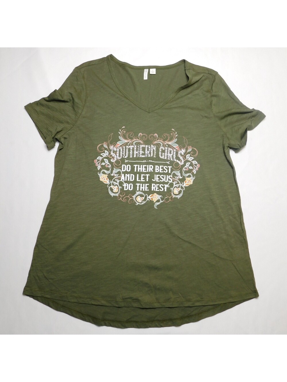 Cato Women's Large Olive Green Graphic Tee Southern Girls Let Jesus V-Neck Shirt